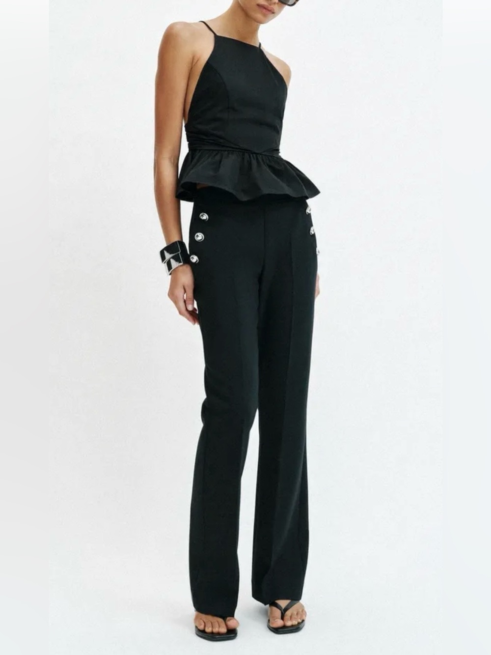 Zara Black High-Waist Wide-Leg Sailor Pants with Button Details